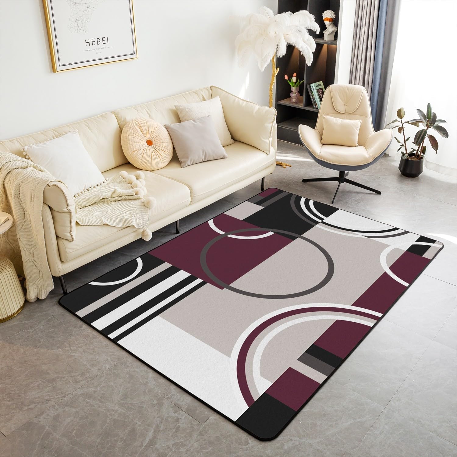 Abstract Circles Area Rug, Blue Black Grey Non Shedding Washable Rug for Home Bedroom Living Room, Checkered Swirls Striped Non Slip Carpet, Geometric Modern Creative Decorative Rug, 4x5