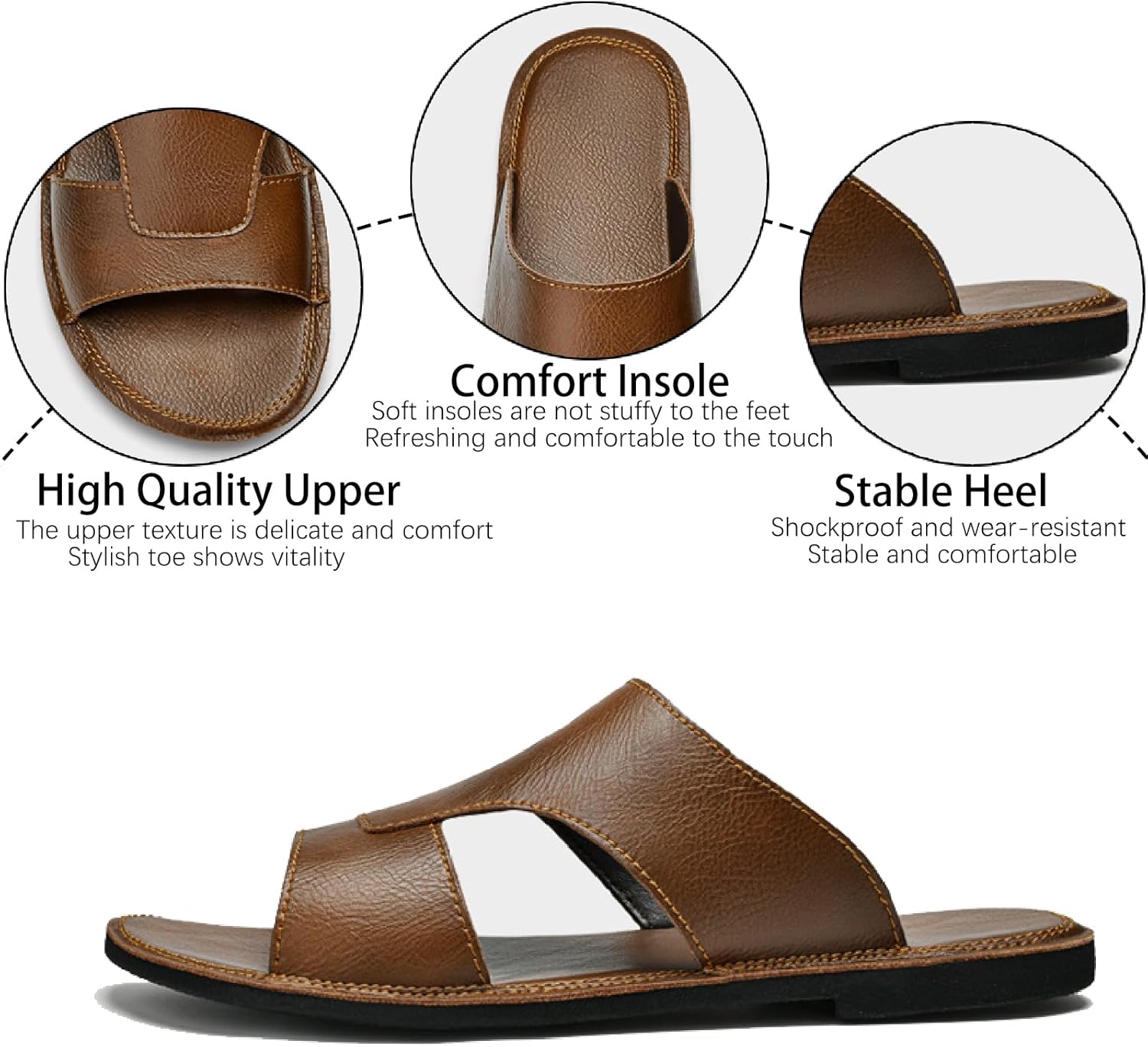 Men's Leather Cutout Slides Sandals Comfortable Lightweight Open Toe Anti-Slip Soft Bottom Slip On Slippers Summer Outdoor Casual Beach Sandals - Image 3
