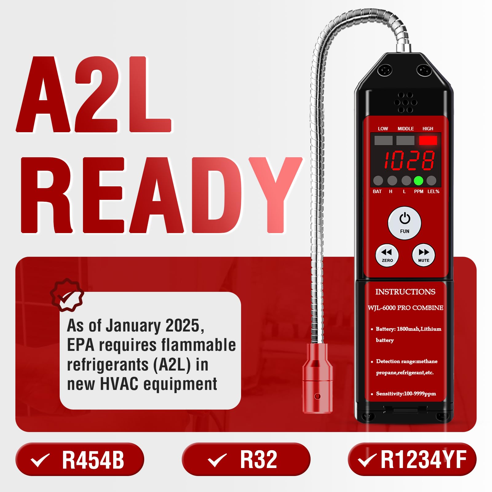 WJL-6000PRO COMBINE Rilevatore di perdite di refrigerante, combina rilevatore di perdite di gas freon e combustibile con allarme forte, batteria ricaricabile da 1800 mAh, PPM LEL% Diaplay per propano