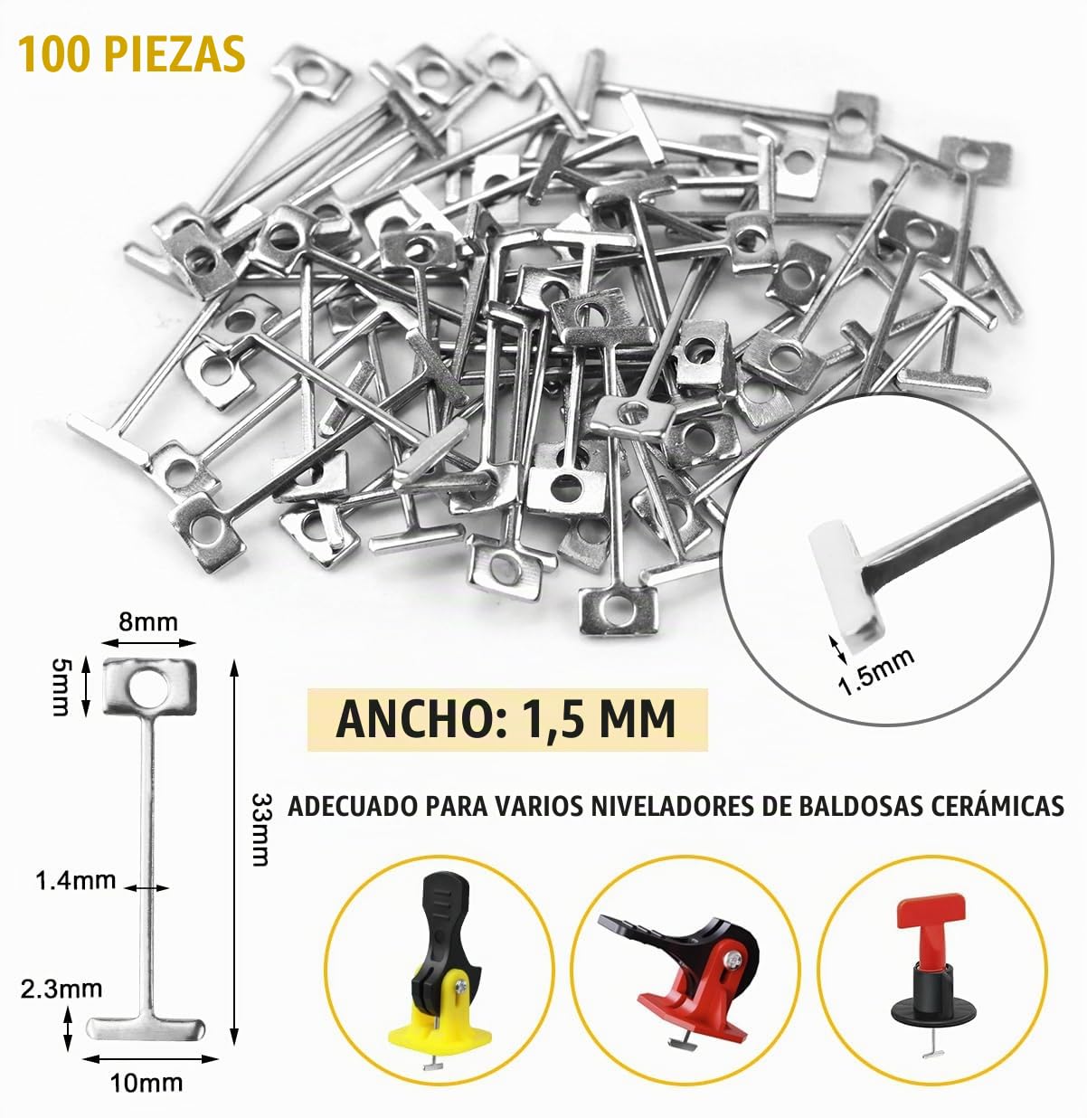 100 Piezas Niveladores de Azulejos Kit,2mm Cuñas Niveladoras Suelo, Tile Leveling System, Separadores de Nivelador de Azulejos, con 100 Piezas Agujas de Acero de Repuesto, para Suelos y Paredes