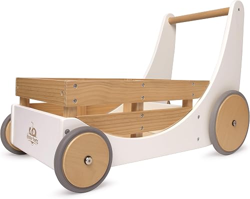Kinderfeets 2-in-1 Wooden Cargo Walker Cart Wagon with Adjustable Rubber Wheels and Removable Basket for Children and Toddlers (White)