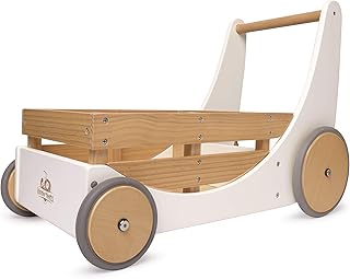 Kinderfeets 2-in-1 Wooden Cargo Walker Cart Wagon with Adjustable Rubber Wheels and Removable Basket for Children and Todd...