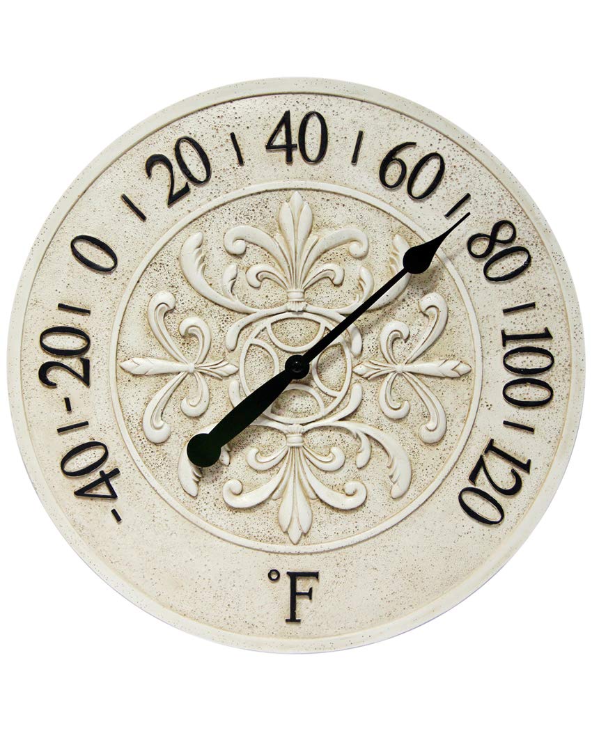 Blanc Fleur 15 inch Decorative Outdoor Thermometer for Garage, Patio, Backyard, Outdoor Wall, Fence Outdoor Thermometer Decorative Patio Thermometer Vintage Antique Aged White Ivory Easy to Read