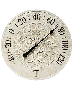 Blanc Fleur 15 inch Decorative Outdoor Thermometer for Garage, Patio, Backyard, Outdoor Wall, Fence Outdoor Thermometer Decorative Patio Thermometer Vintage Antique Aged White Ivory Easy to Read