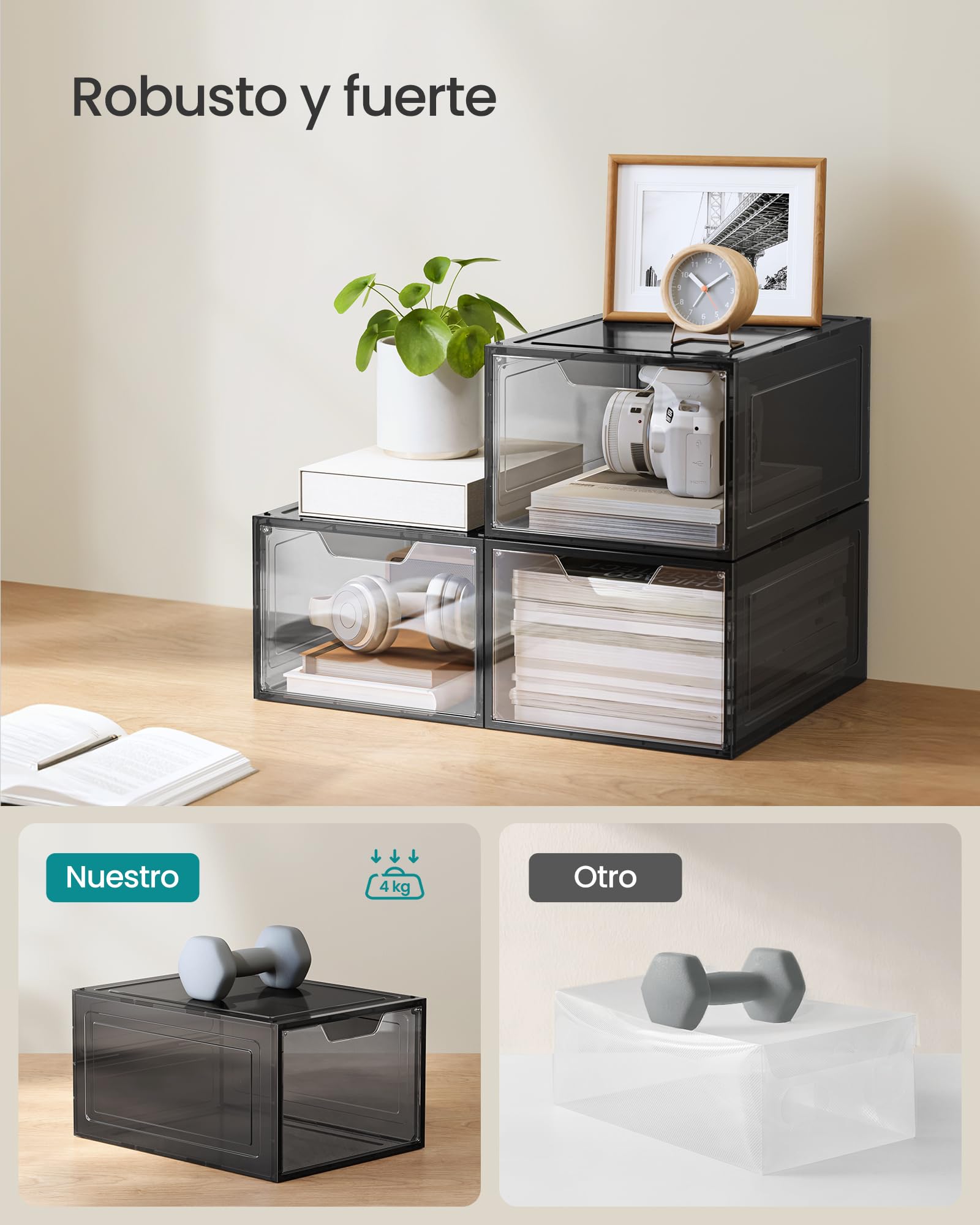SONGMICS Cajas de Zapatos, Cajas Plástica Apilable para Zapatos, Juego de 12 Organizador de Zapatos, Ahorro de Espacio, Fácil Montaje, 34 x 25 x 18,4 cm, Hasta Talla 44, Negro Transparente LSP032B12V1