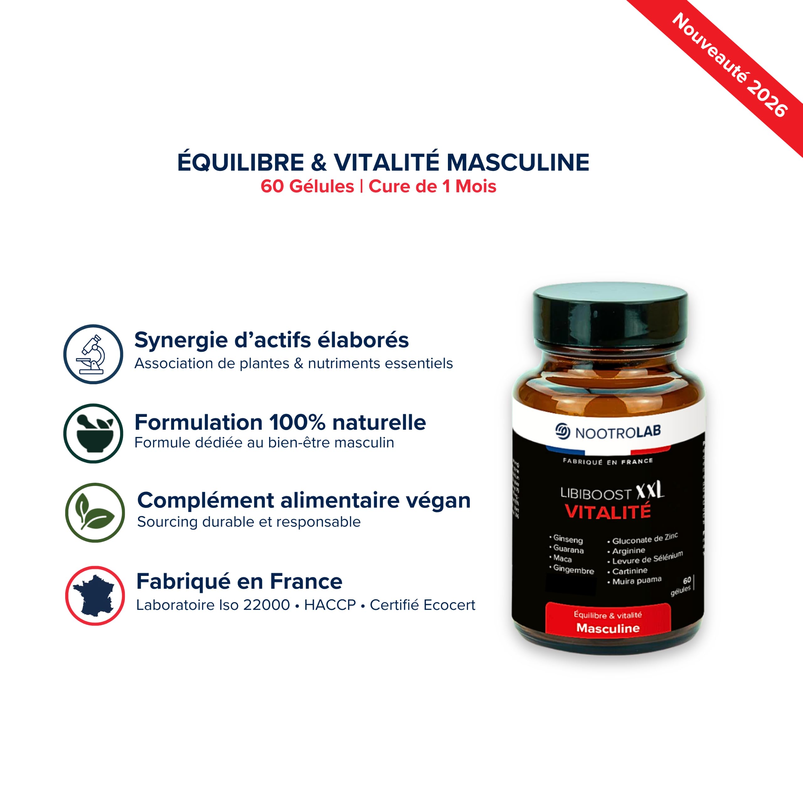 Libiboost – Complément Vitalité Sexuelle Homme – Ginseng, Maca, Zinc, Guarana, Gingembre, Bois Bandé – Libido, Énergie, Érection – Fabriqué en France – Fertilité, Performance