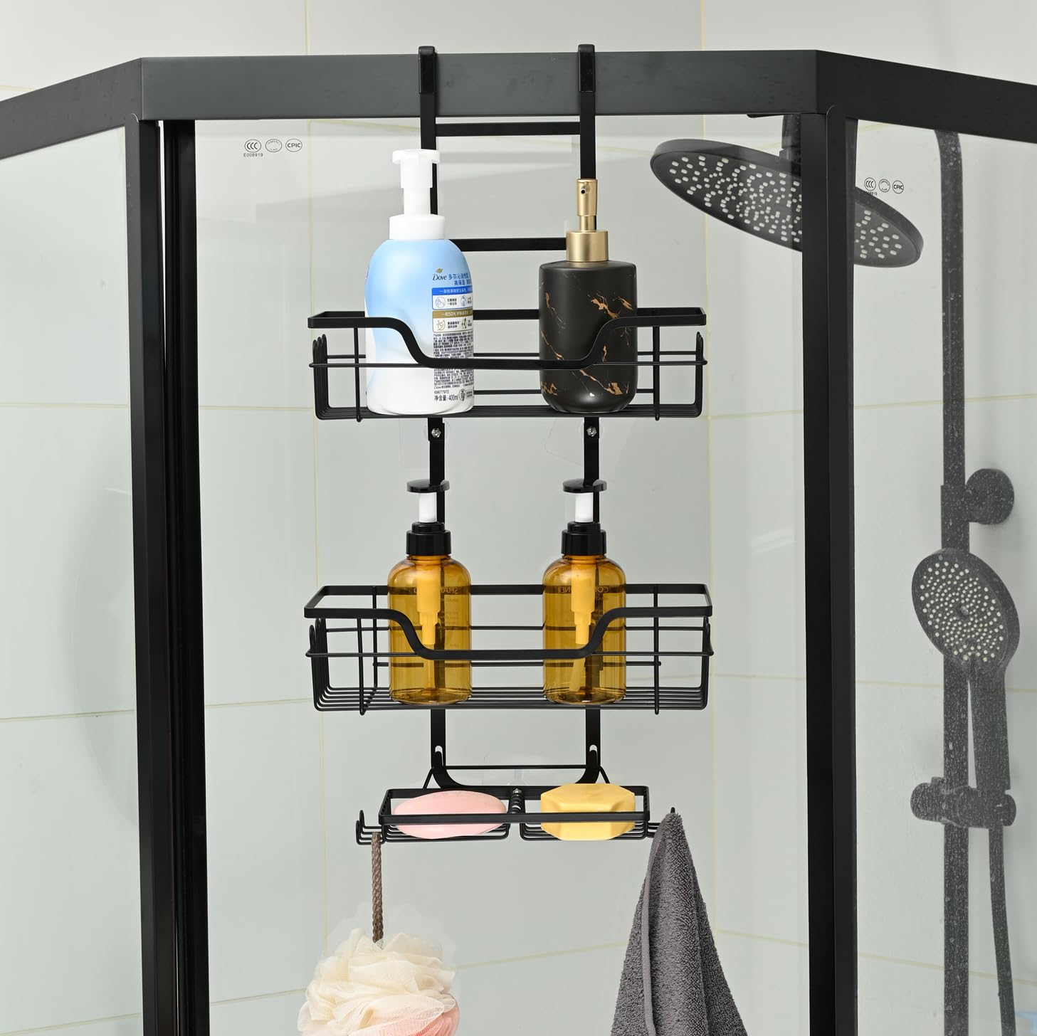 Shower Caddy, Hanging Organizer Rack with Hooks and Adhesives, No Drilling, Rustproof Stainless Steel Bathroom Organizer Bathroom Shower Shelves for Inside Shower Rack Black