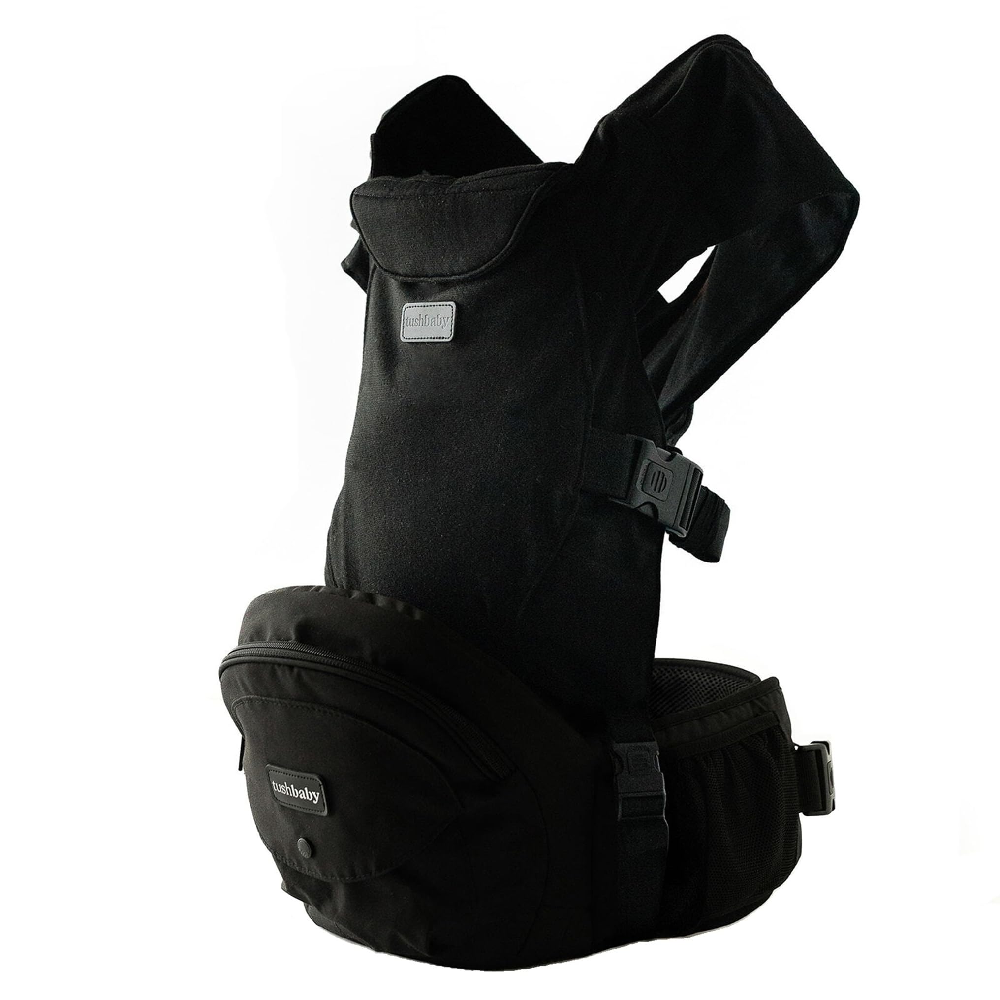 Tushbaby Hands Free Carrier Set | Hüftsitz Baby und Snug Trage | Kindertrage mit ergonomischem Baby Hüftsitz | Kindertrage Rucksack mit Stauraum | Für Kinder bis 20 kg | Schwarz