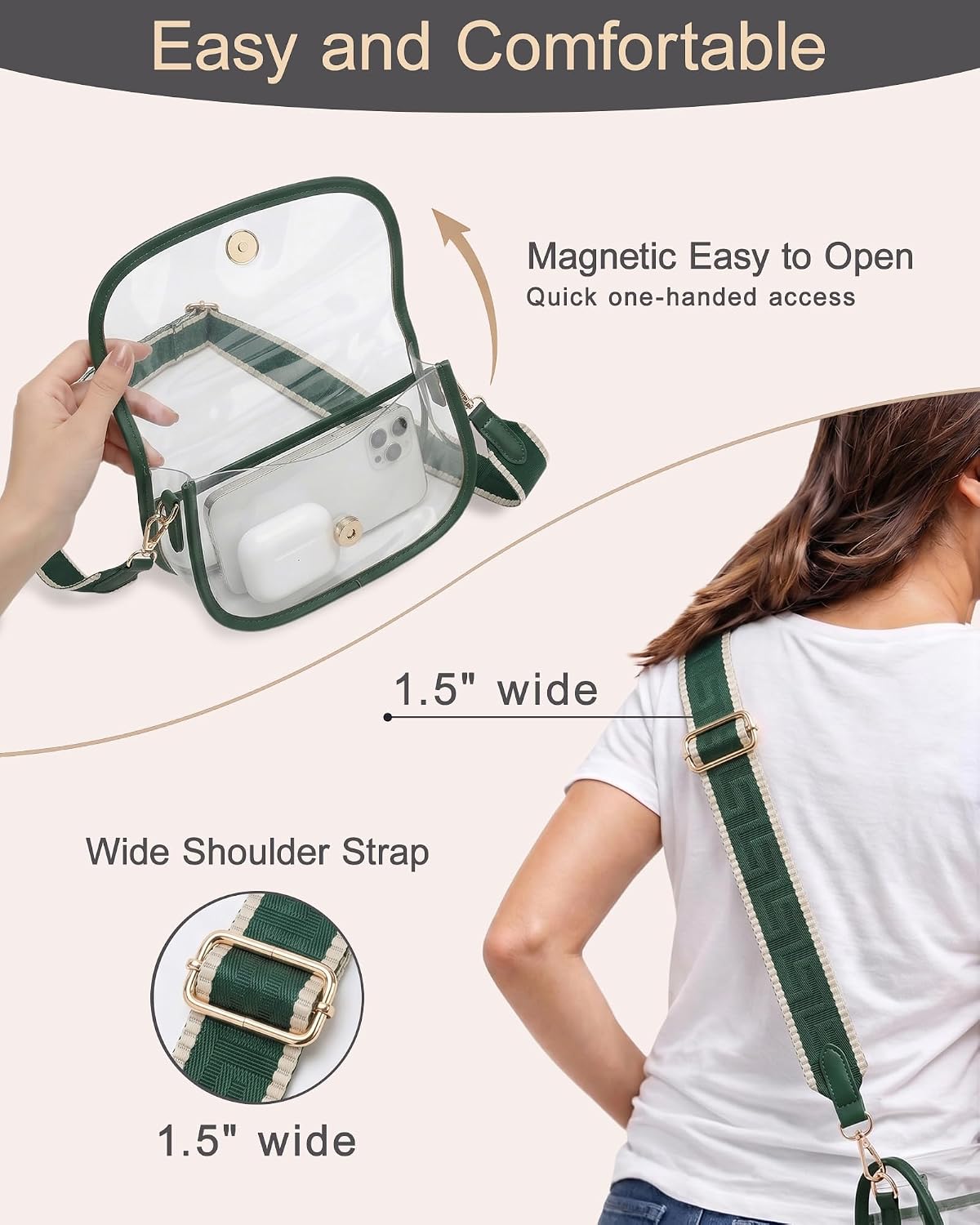 Wuflyover Clear Bag for Stadium Events, Clear Purse Crossbody Bag for Women