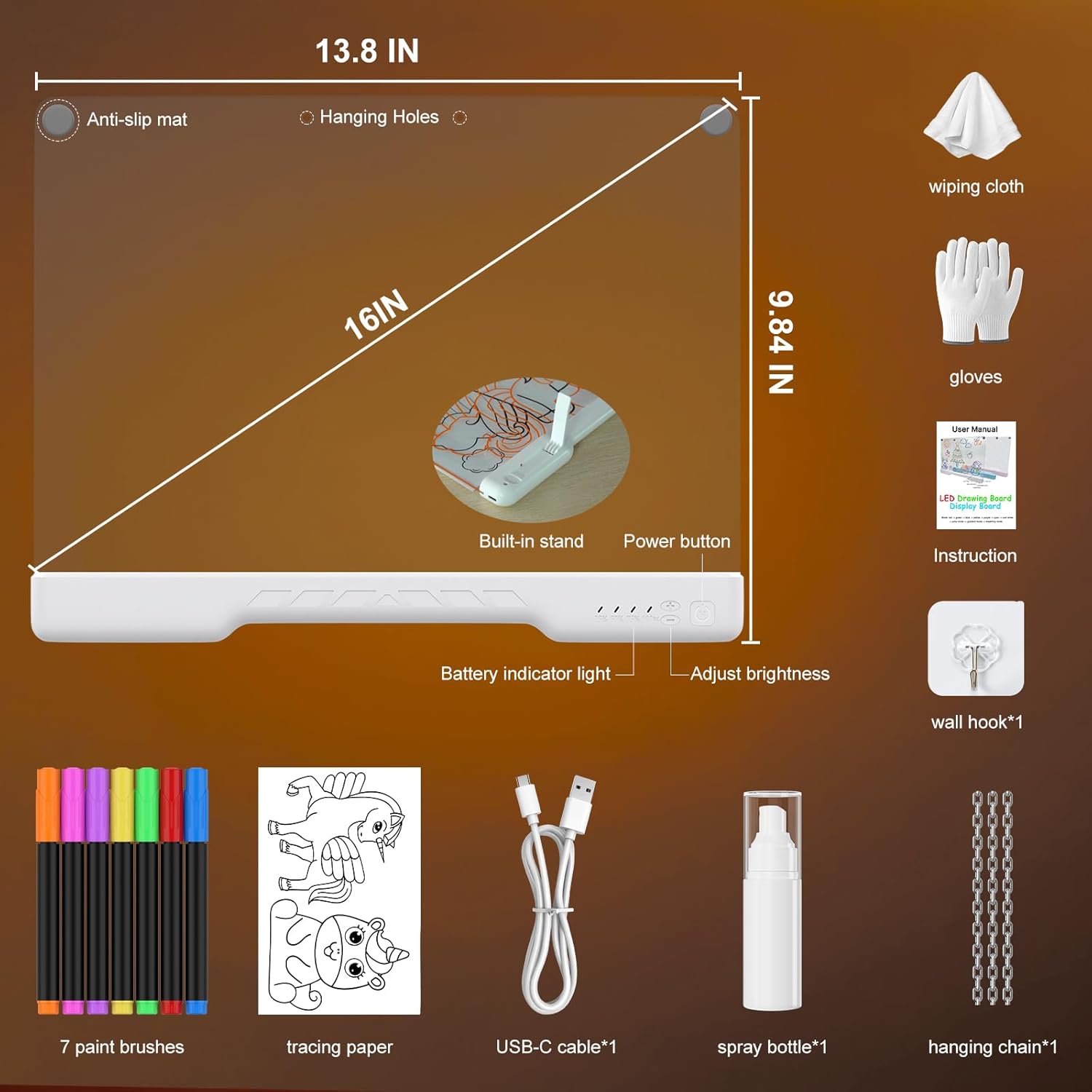 LED Drawing Board for Kids, 16" Rechargeable Light Up Writing Pad with 7 Colors & 10 Modes, Drawing Tablet for Doodle Tracing Notes, Birthday Christmas Holiday Gifts for Girls & Boys Age 3+