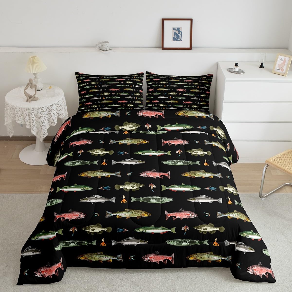 Feelyou Pike Fish Bedding Set Bass Big Fish Comforter Set for Kids Boys Girls Teens Room Decor Fishing and Hunting Comforter Twin Size Fisherman Fish Man Duvet Set 2Pcs