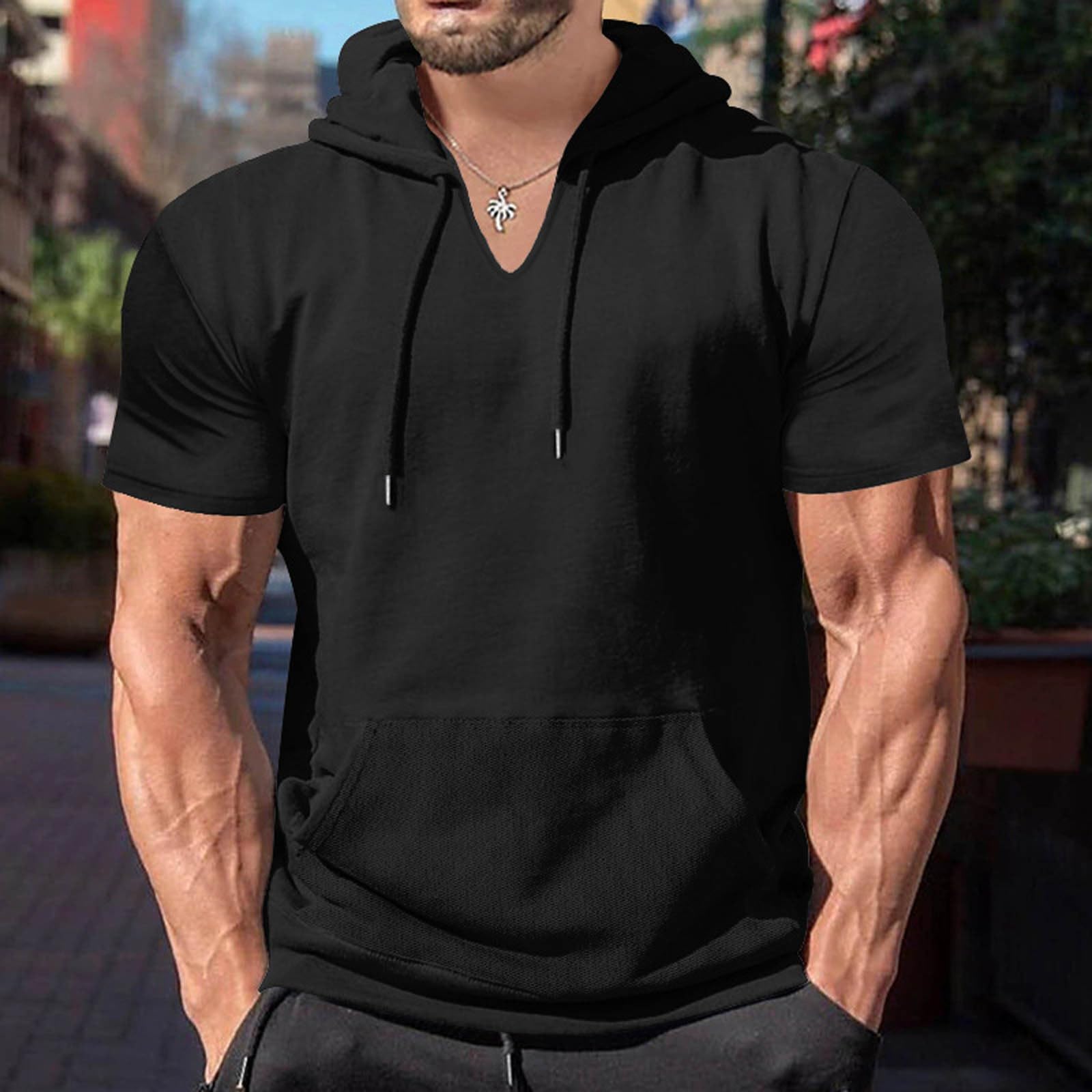 Maglietta da uomo con cappuccio, estiva, tinta unita, casual, a maniche corte, con cappuccio largo, sportivo, a maniche corte, per il tempo libero, comoda e traspirante