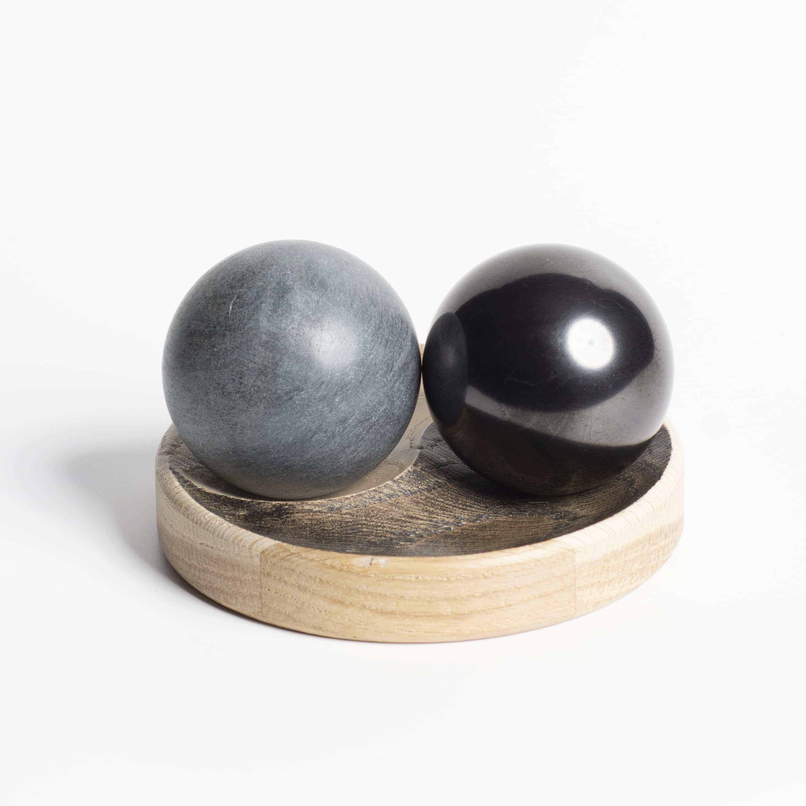 Keled Rocks Natural Shungite Crystal - Yin Yang Balls On Oak Stand - 1.8 Inches - Solid Baoding Balls - Shungite Stones For Hand Therapy, Exercise And Stress Relief - Oriental Practice