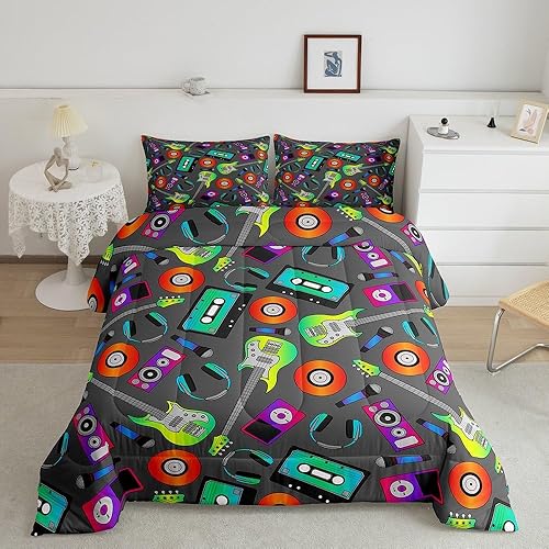 Erosebridal Juego de ropa de cama de música rock tamaño individual, color verde, degradado, guitarra, disco de vinilo naranja, relleno de edredón de Erosebridal Juego de ropa de cama de música rock tamaño individual, color verde, degradado, guitarra, disco de vinilo naranja, relleno de edredón de