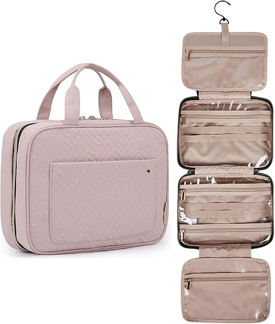 BAGSMART Hanging Toiletry Bag Travel Large Wash Bag Womens Cosmetic Bag Clear for Full Sized Container Pink