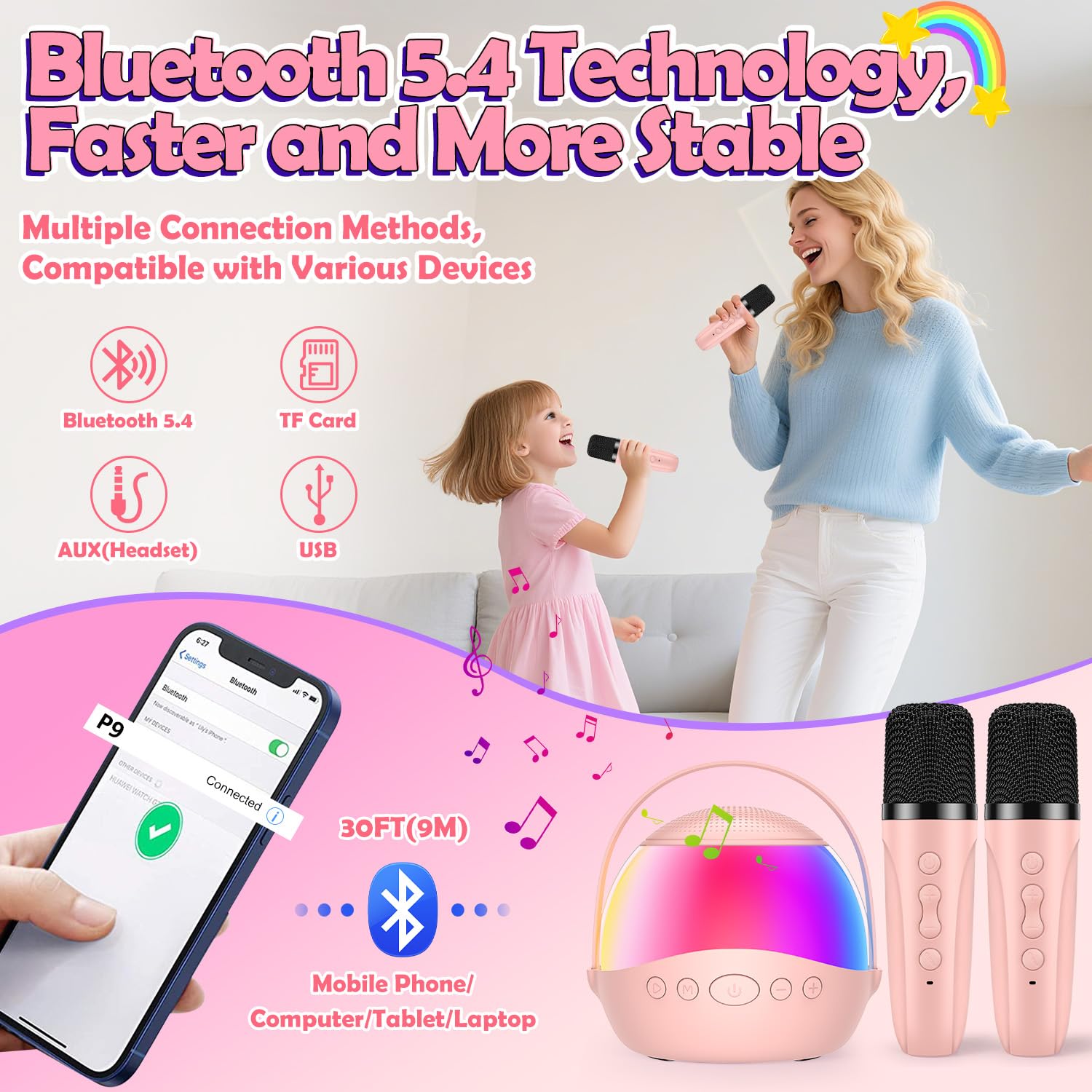 Karaoke con Microfono Bambini Wireless - Regalo Bambina 3+ Anni Karaoke Bambini con Effetti di Cambio Voce ＆ Luci RGB - Giochi Bambina 3+ anni Regalo Compleanno per Ragazzi e Ragazze