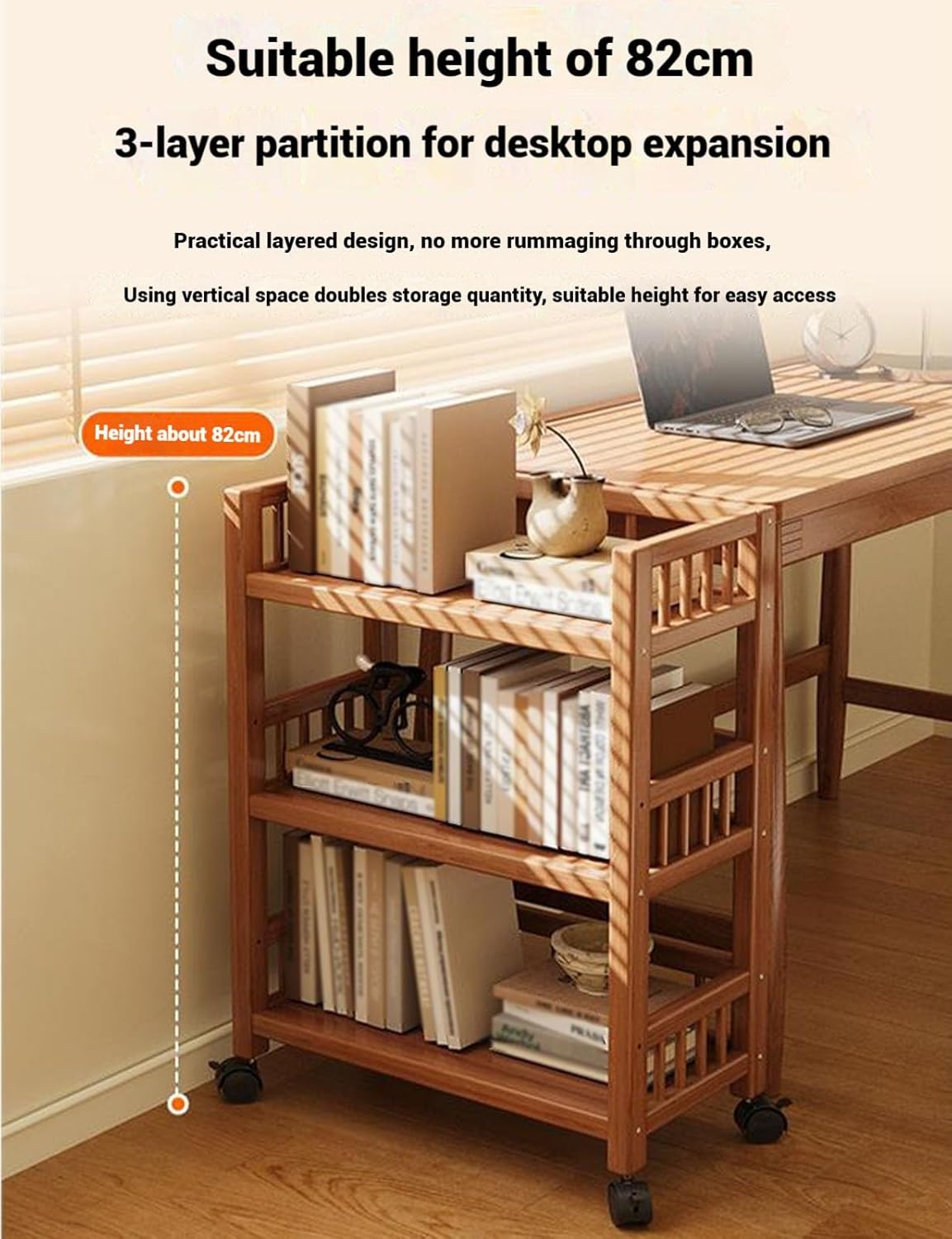 Rolling Book Cart with Wheels，3Tier Wood Library Cart， Book Rack Storage Bookshelf for Home Office Living Room Classroom Load 50kg(70cm)