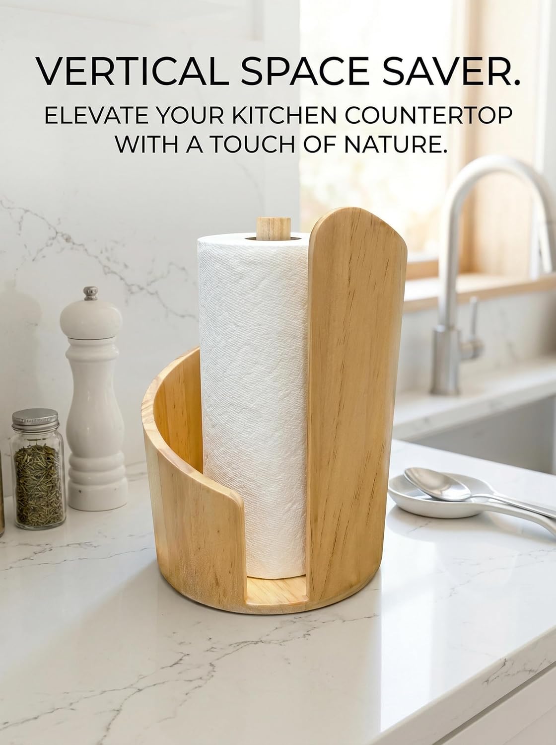 Mountain Paper Towel Holder,Natural Wooden with Wood Round Base and Holders,+ 2 Suction Cups One-Hand Tear Design,Fits Kitchen Dining Bathroom Most Household Paper Towel Rolls (Natural Wood)
