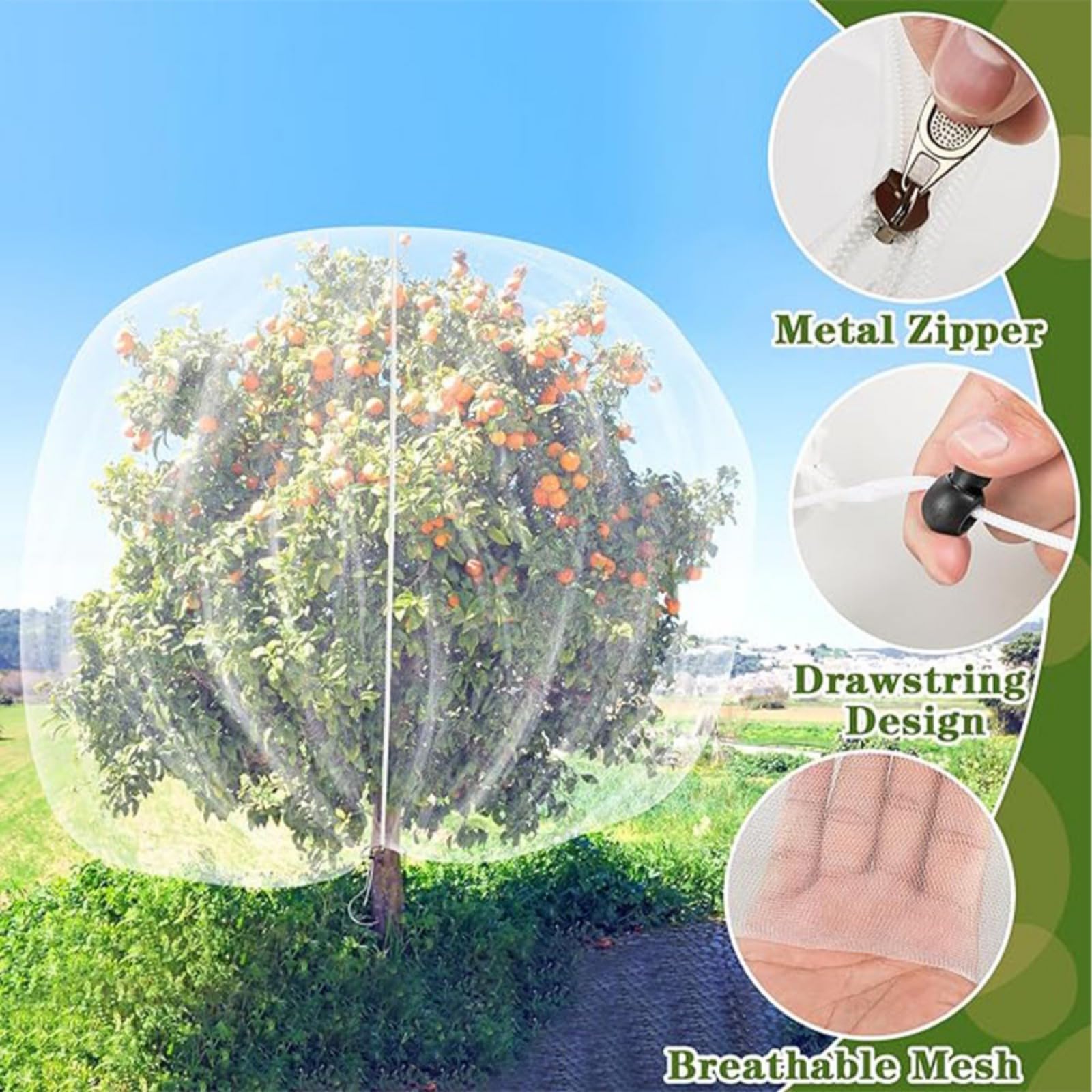 Red de protección para árboles frutales, 2 redes grandes de jardín con cierre de cremallera y cordón de protección contra pájaros y plagas, ideal para árboles frutales