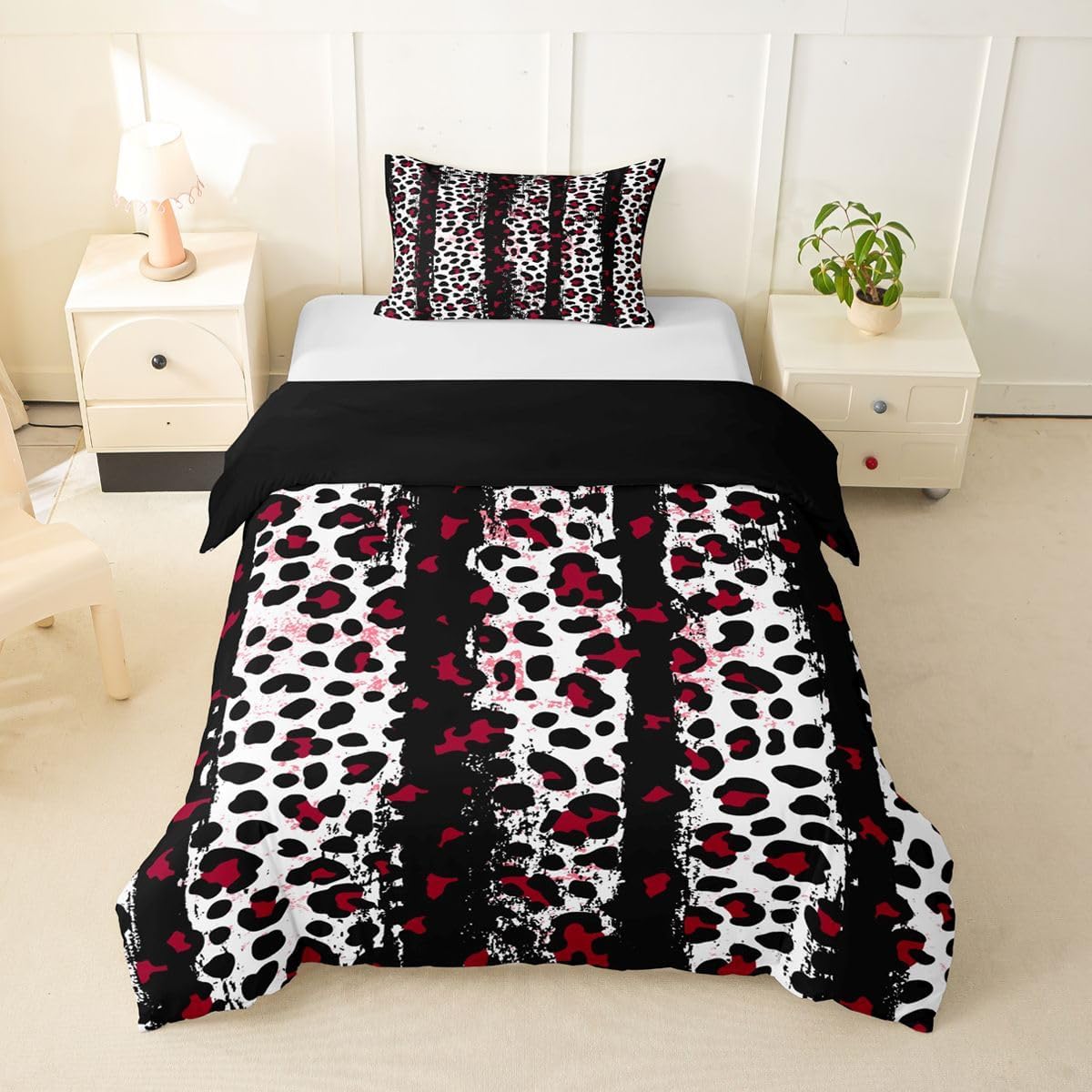 jejeloiu Red Black Leopard Print Duvet Cover Toddler Size Cheetah Stripes Comforter Cover for Boys Girls Animal Print Bedding Set 2Pcs Geometric Room Decor