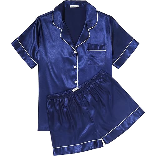 Ekouaer Womens Silk Satin Pajama Sets Soft Short Sleeve Button Down Sleepwear Top and Shorts 2 Piece Pjs Lounge Set S-XXL