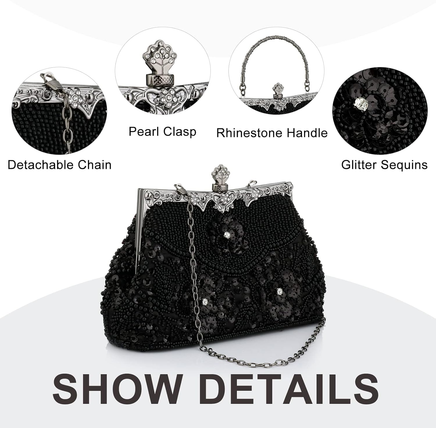 1920s Vintage Beaded Clutch Evening Bags Pearl Flapper Handbag for Women Wedding Party - Image 6