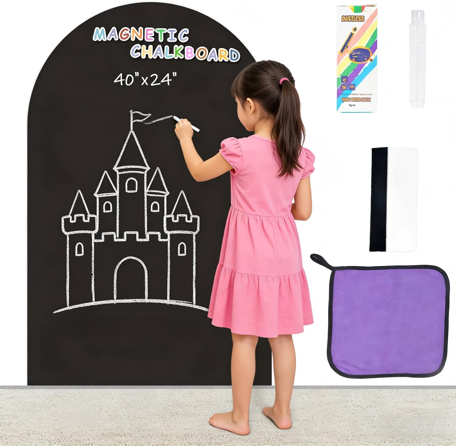 Magnetic Chalkboard Wall Decal 24''x40'' Arch - Peel and Stick Felt Removable Reusable, Easy Clean Self Adhesive Fabric Wall Decor for Home Office Kids Room-Black