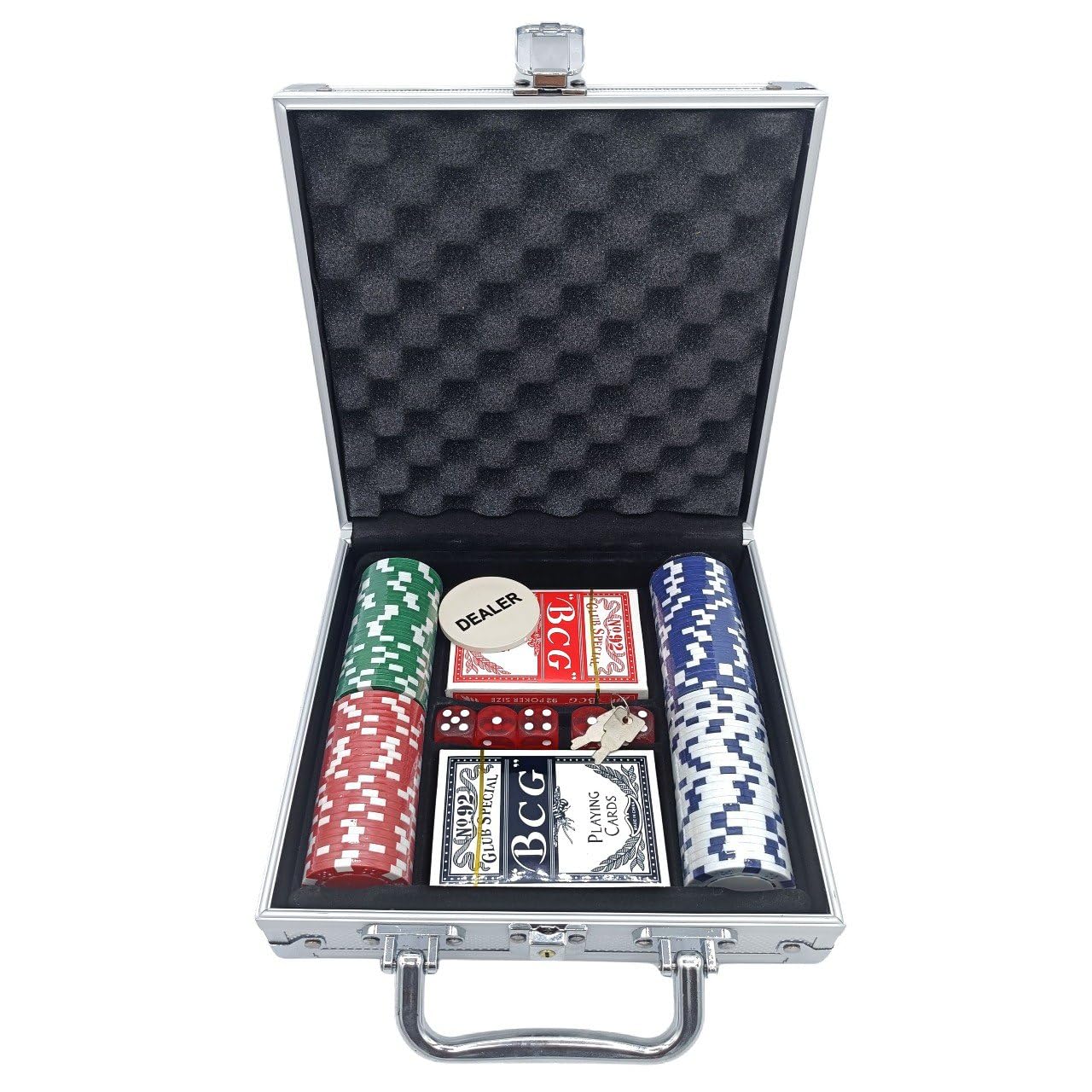 Valigetta da Poker Texas Hold’em Blackjack con 100, 200, 300 Chips Fiches, 2 Mazzi di Carte, 5 Dadi e Dealer - Colore Argento (100)