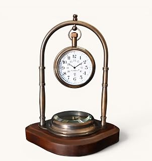 Personalized Victorian Brass Clock with Integrated Work Compass - Vintage Table Top Nautical Clock for Home/Office Decor, Gift for Men for Her