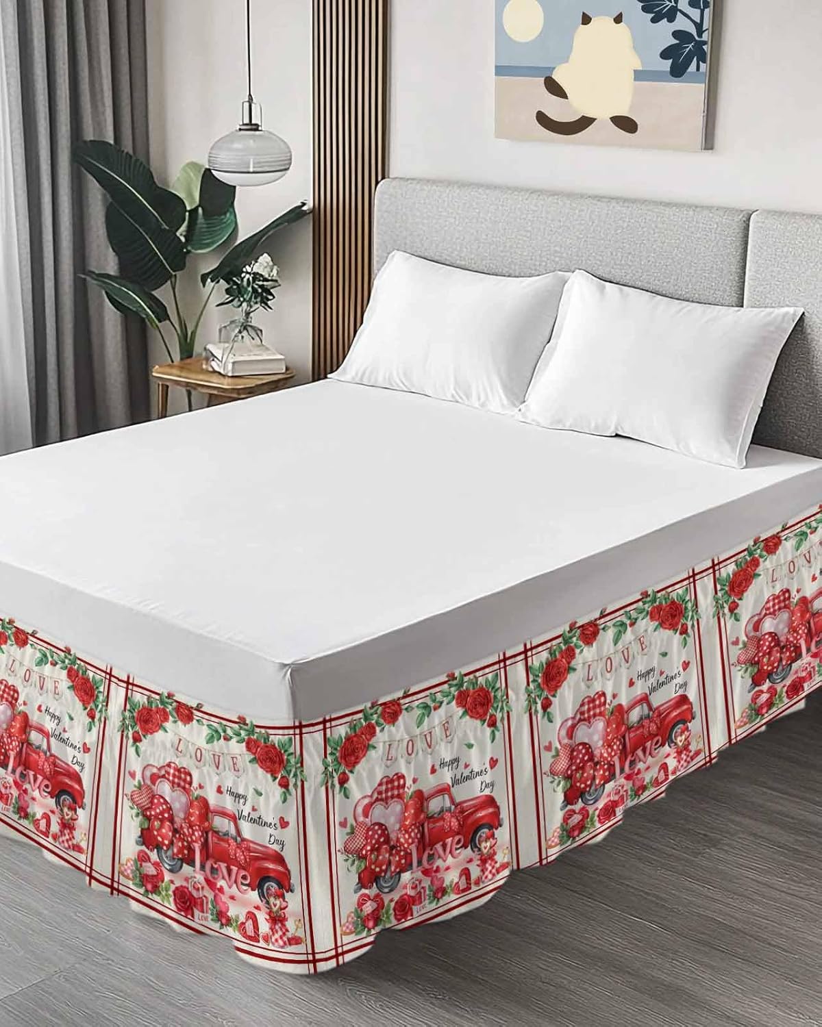 Burlap Valentine's Bed Skirt Cal King Size 16 Inch Drop,Adjustable & Elastic Wrap Around Bed Skirts Pleated Luxury Dust Ruffles for Twin Full Queen Cal King Bed,Farmhouse Red Truck Rose Bohemia Dots