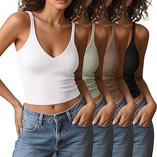 4 Pieces V Neck Tank Tops for Women Spaghetti Strap Crop Top Cotton Basic