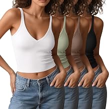 4 Pieces V Neck Tank Tops for Women Spaghetti Strap Crop Top Cotton Basic Fitted Summer Cami Shirts