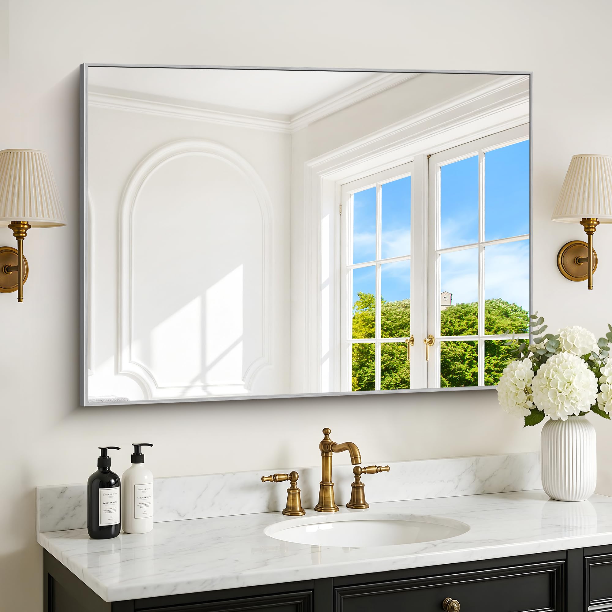DESBING 30" x 40" Bathroom Mirror, Silver Metal Frame Wall Mirror