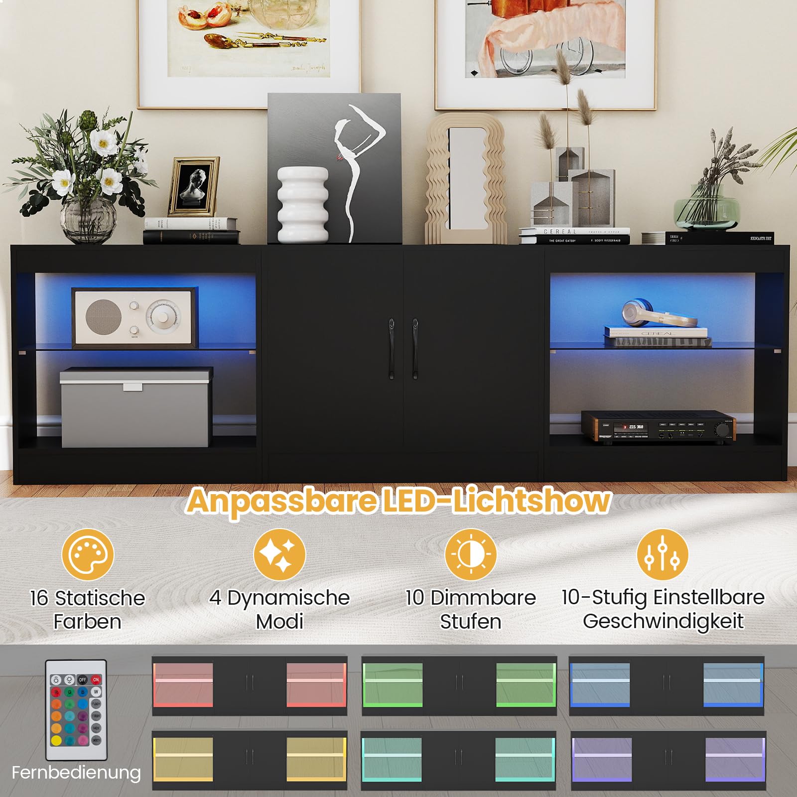 COSTWAY 3- in-1 TV-Schrank, Fernsehtisch für Fernseher bis zu 85 Zoll, 195 cm lang Lowboard mit LED Beleuchtung & verstellbaren Glasregalen für Wohnzimmer, Schlafzimmer, Esszimmer (Schwarz)