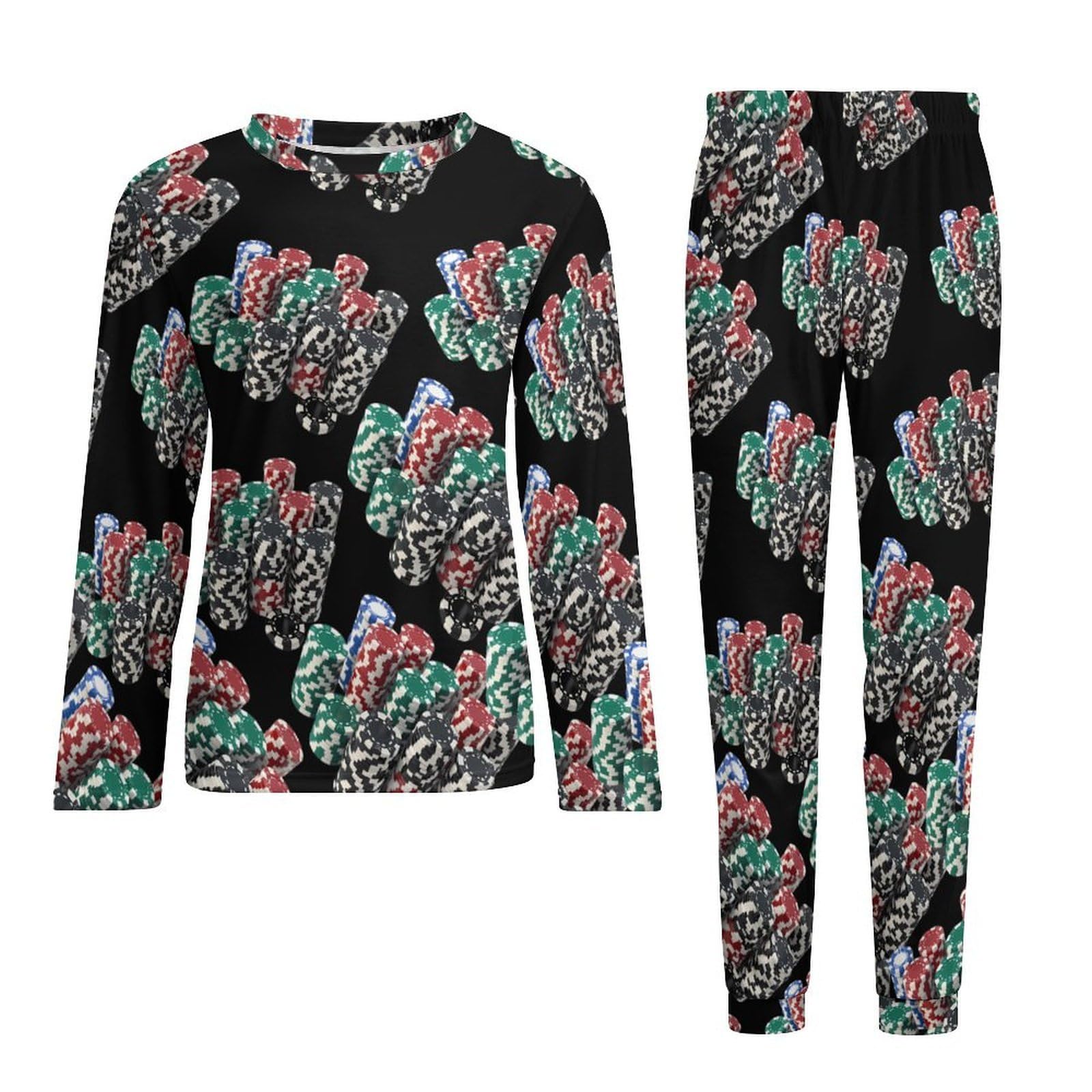 Casino Poker Chips Herren-Pyjama-Set, Rundhalsausschnitt, Loungewear, lange Pyjamahose, Pullover, Nachtwäsche, 2-teilig