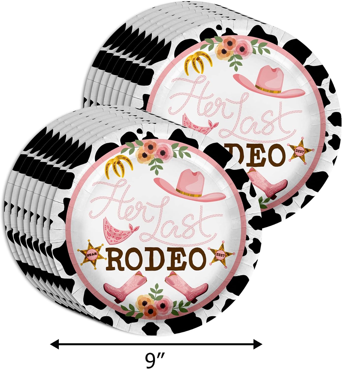Her Last Rodeo Bachelorette Party Supplies - 64 Piece Cow Print Graduation Tableware Set Includes Large 9" Dinner Plates and 8" Dessert Paper Plates Napkins Cups - Kit for 16