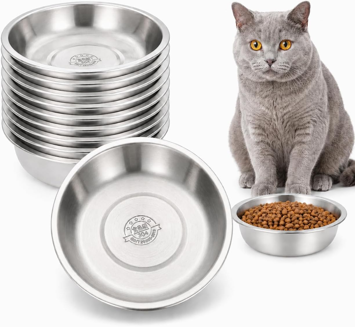 10 Pcs Stainless Steel Cat Bowls, 6.3 in Silver Round Cat Dishes | Shallow Wide Cat Plate, Replacement Cat Food Bowls Whisker Fatigue Relief for Small Dogs Cats Elevated Stand, Dishwasher Safe
