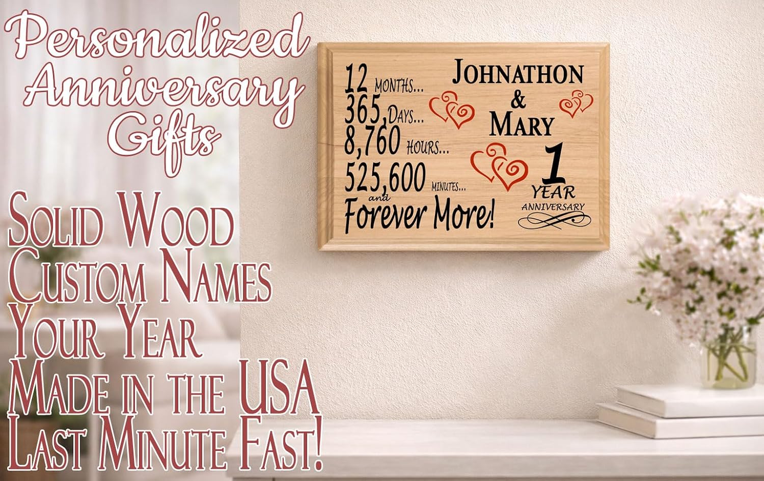 First Anniversary Sign Gift Personalized 1st Year Wedding Anniversary Present for Wife Husband Couple - Solid Wood - Made in the USA (1 Year)