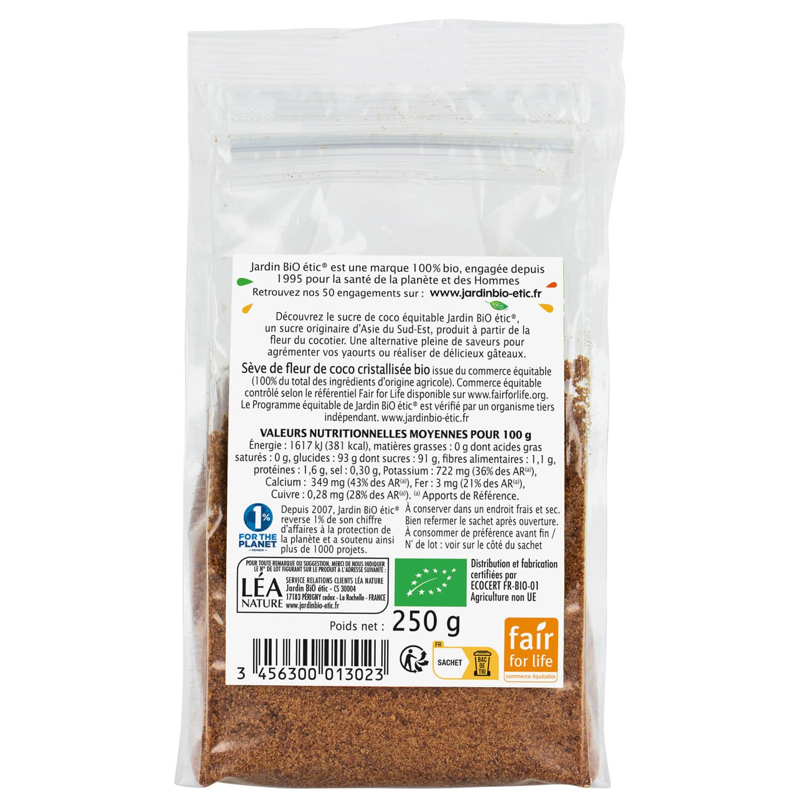 Jardin BIO étic - Sucre de fleur de Coco - bio - Sucré - Certifié AB - Sachet de 250g