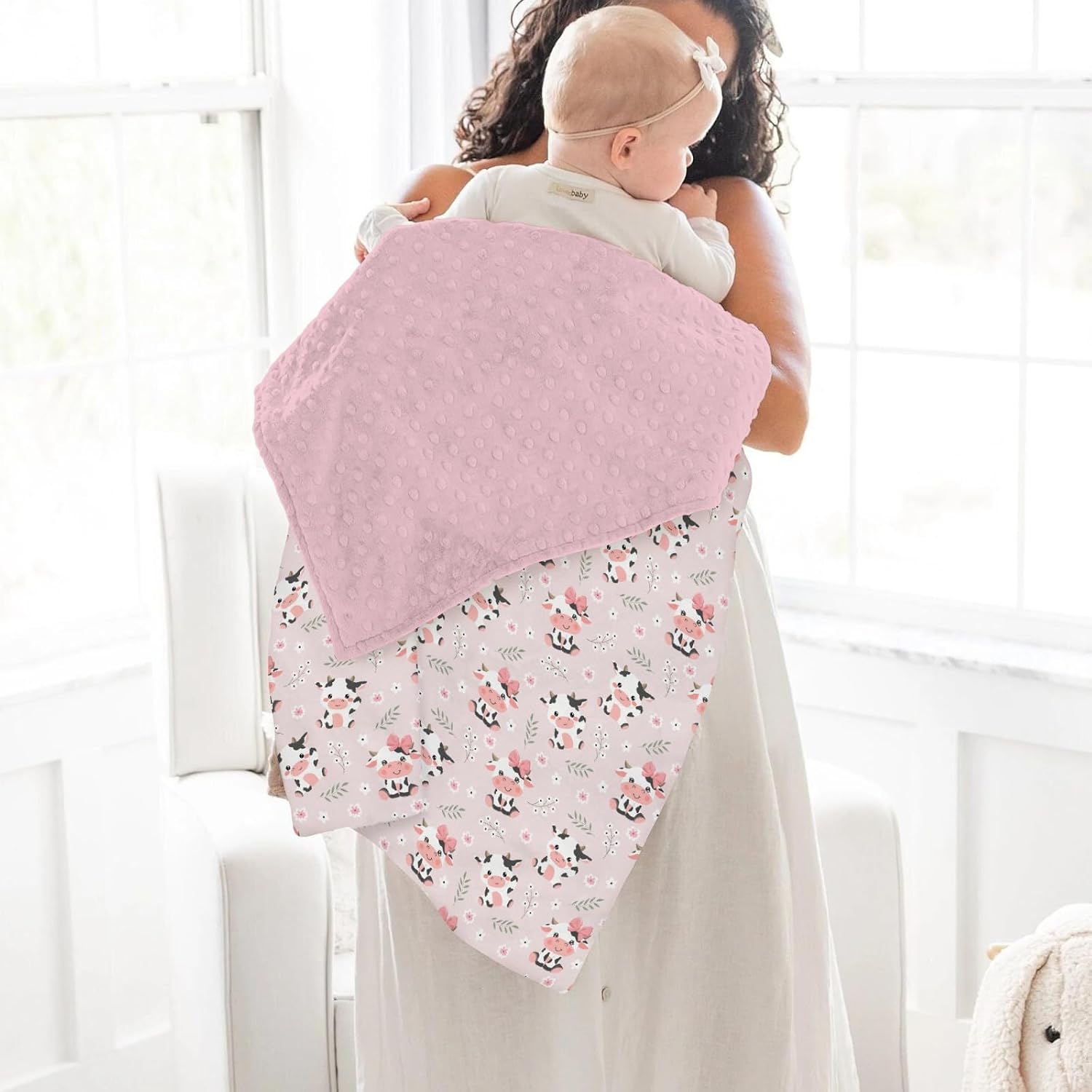 Cute Cow Pink Bows Baby Blankets for Girl Boy Cartoon Cows with Flowers Leaves Soft Mink Dotted Backing Double Layer Swaddle Blanket Farm Animals Bed Throw for Newborn Infant Toddler Nursery 30x40