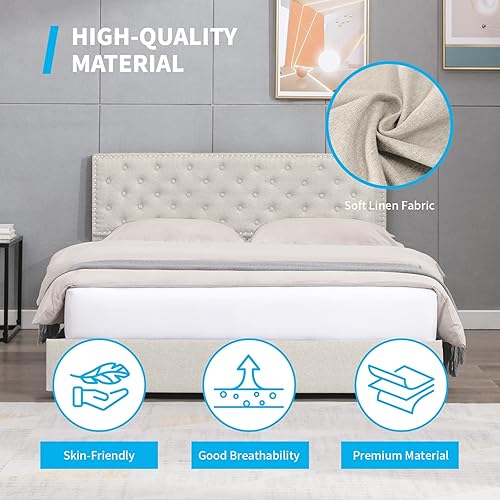 Miniatura 5 de Mjkone Base de cama tamaño Queen con 4 cajones de almacenamiento plataforma tapizada con cabecera ajustable y tela de lino de algodón base de cama