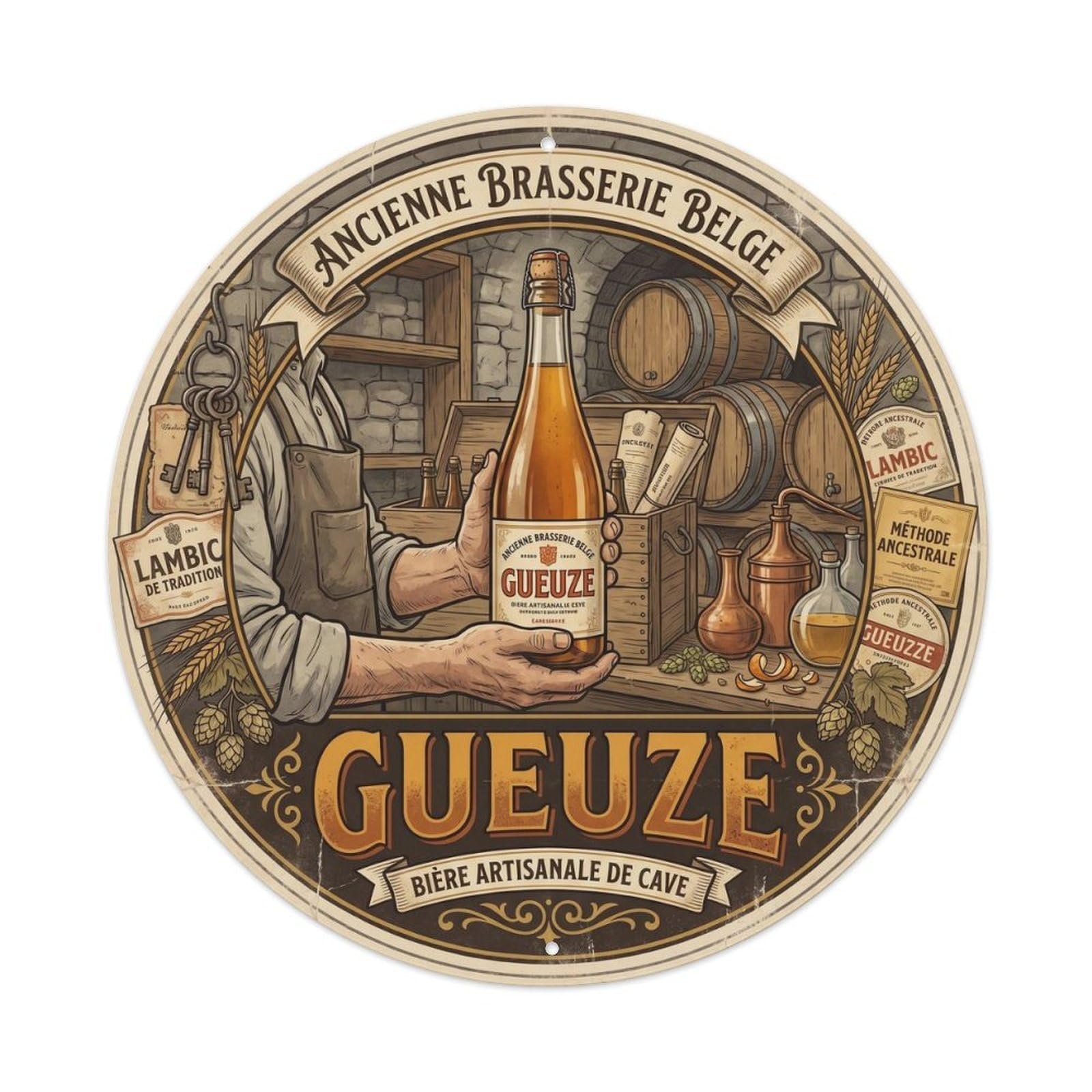 Traditional Gueuze Sour Beer Hall Belgian Foam Mug Metal Tin Sign