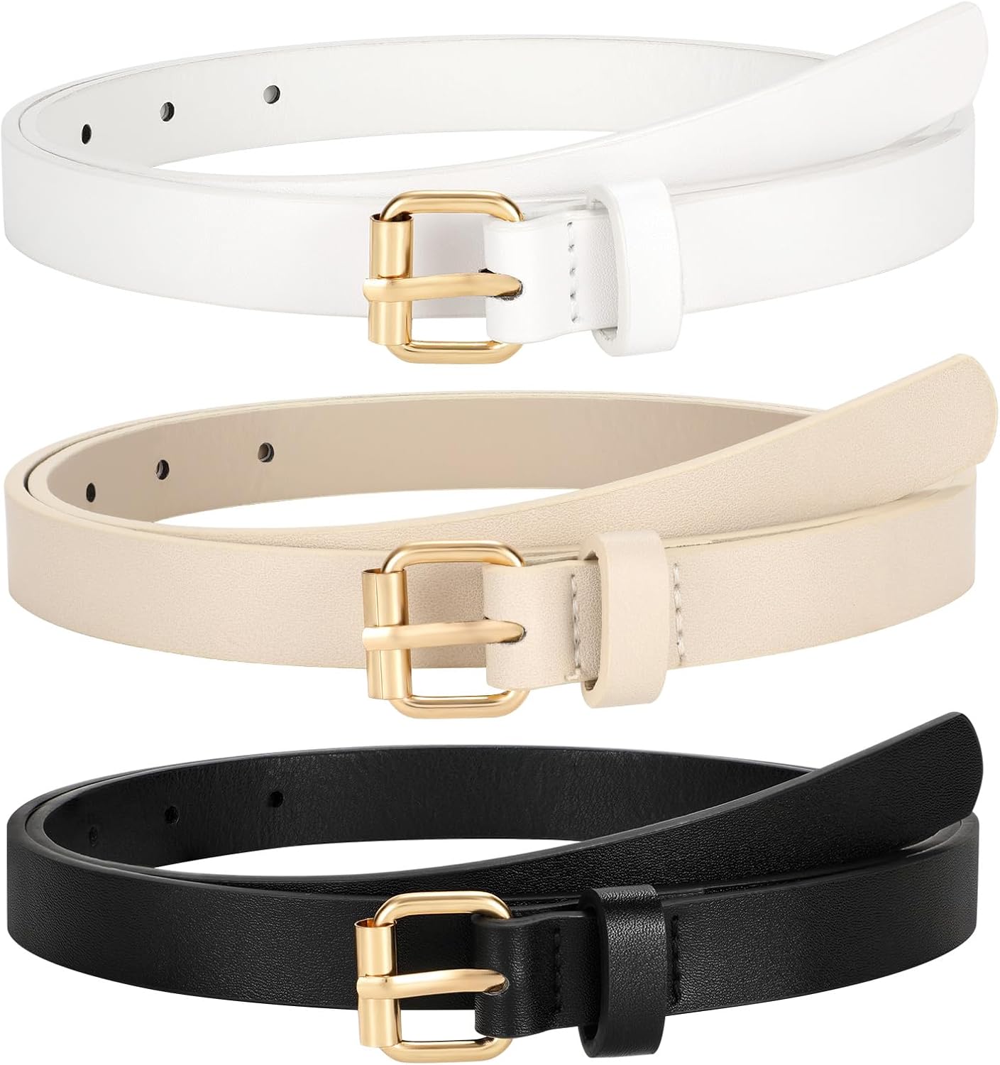 TRIWORKS 3 Pack Women Skinny Leather Belt for Jeans Pants Dress Ladies Thin Waist Belt with Gold Buckle