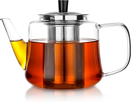 Glass teapot with infuser, Ehugos 1000ml33oz Stovetop Safe Hand Crafted Clear Glass Teapot with Removable Infuser for Loose Leaf Tea and Blooming Tea
