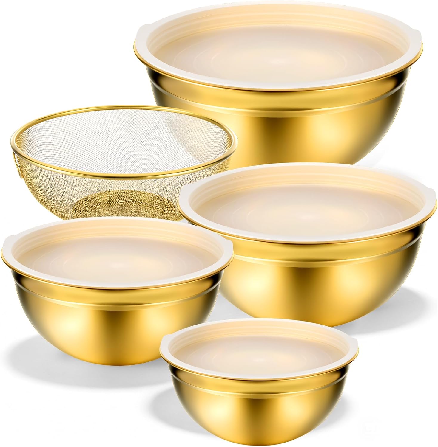 5 Pack Gold Mixing Bowls with Airtight Lids, Stainless Steel Mixing Bowl Set with Colander, Gold Nested Bowl, Metal Nesting Organizers, for Baking Prepping and Serving Food, Size 1.5, 2.0, 2.5, 4.0 Qt 5 Pack Gold Mixing Bowls with Airtight Lids, Stainless Steel Mixing Bowl Set with Colander, Gold Nested Bowl, Metal Nesting Organizers, for Baking Prepping and Serving Food, Size 1.5, 2.0, 2.5, 4.0 Qt