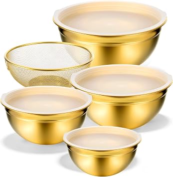 5 Pack Gold Mixing Bowls with Airtight Lids, Stainless Steel Mixing Bowl Set with Colander, Gold Nested Bowl, Metal Nesting Organizers, for Baking Prepping and Serving Food, Size 1.5, 2.0, 2.5, 4.0 Qt