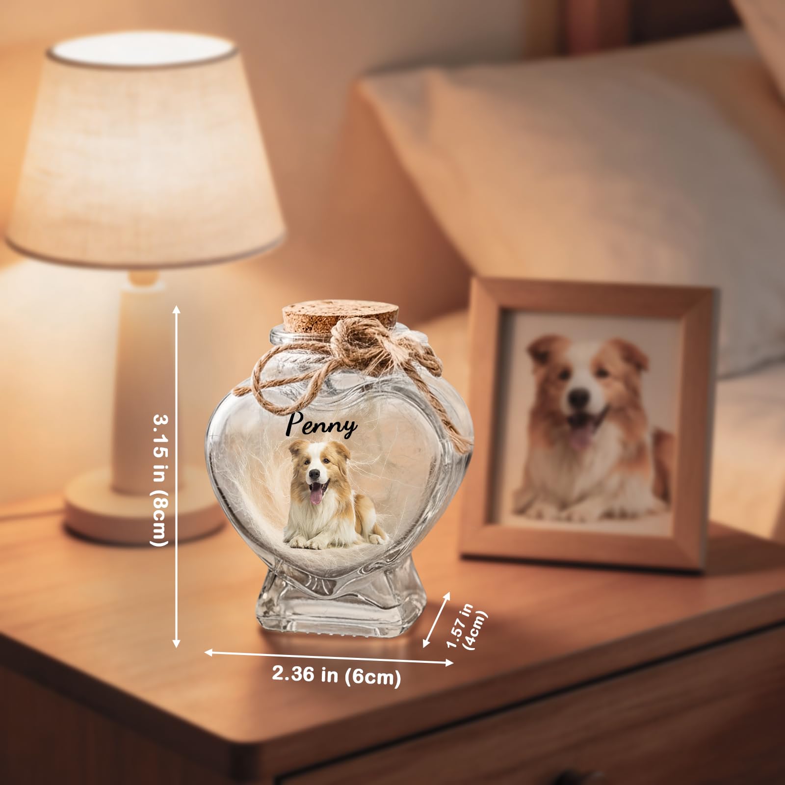 Barattolo di Vetro a Forma di Cuore Personalizzato per Animali Domestici, con Foto e Nome Personalizzabili. può Contenere Ceneri o Pelo. Regalo commemorativo per Animali Domestici (Heart)