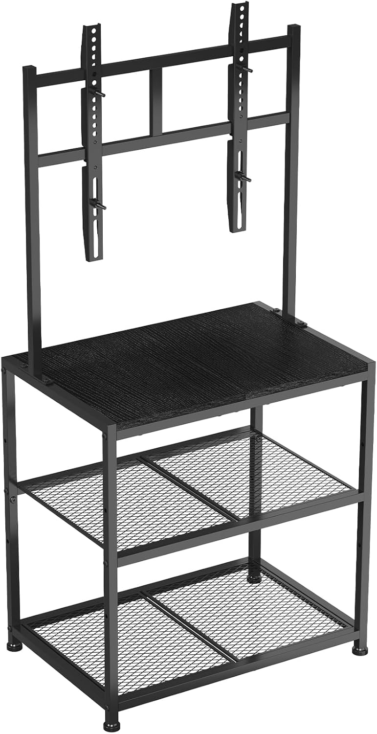 23 Inch to 50 Inch Floor Small Corner TV Stand with Storage Shelves for Living Room Bedroom, Universal Floor Television Stands with Mount, Farmhouse Black TV Table Desk Shelf for Small Spaces