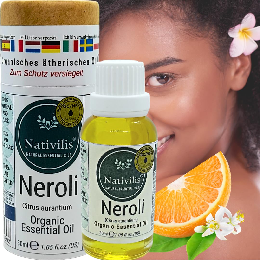 Nativilis - Juego de aceites esenciales orgánicos – Ylang-ylang, geranio, neroli, naranja dulce y bergamota, 5 x 30 ml, aromaterapia floral y cítrica para relajación y bienestar