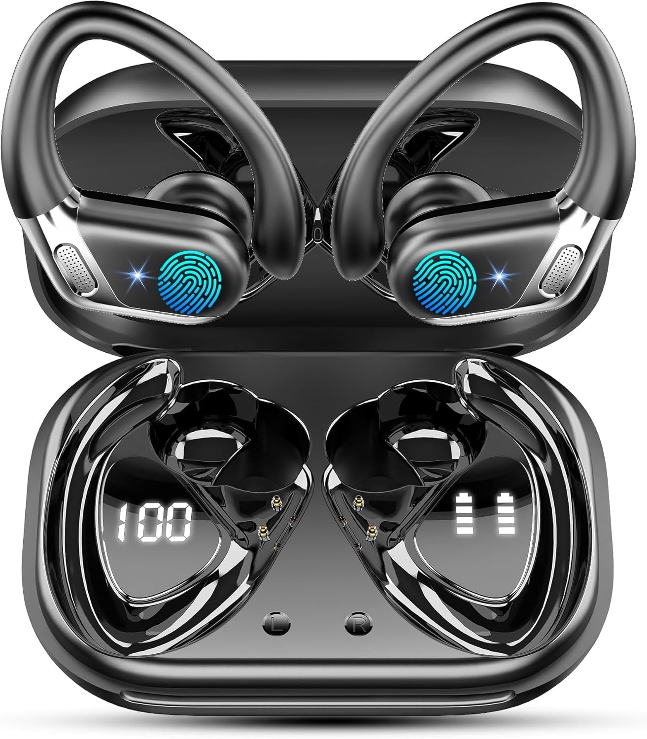 Wireless Earbuds, 2026 Bluetooth 5.4 Headphones Sport, Bluetooth Earbuds with ENC Noise Canceling Mic, 65H Stereo Wireless Headphones IP7 Waterproof with Earhooks, Dual LED Display for Workout/Running